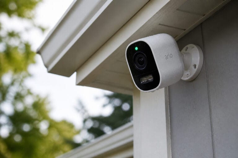 Weatherproof outdoor security camera mounted under a home's eave