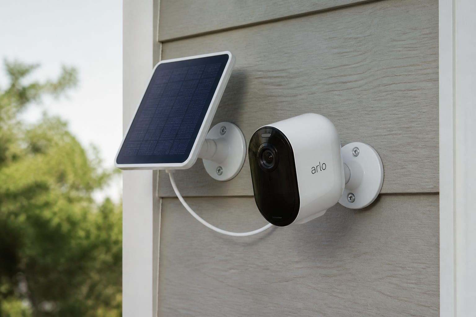 Battery-powered outdoor security camera paired with a solar panel accessory