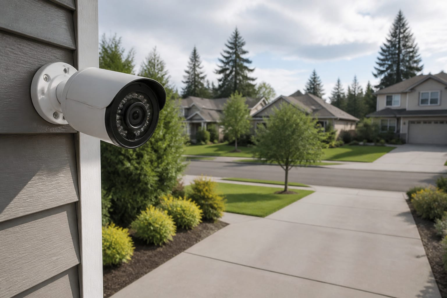 Outdoor security camera angled toward a home's own yard and driveway