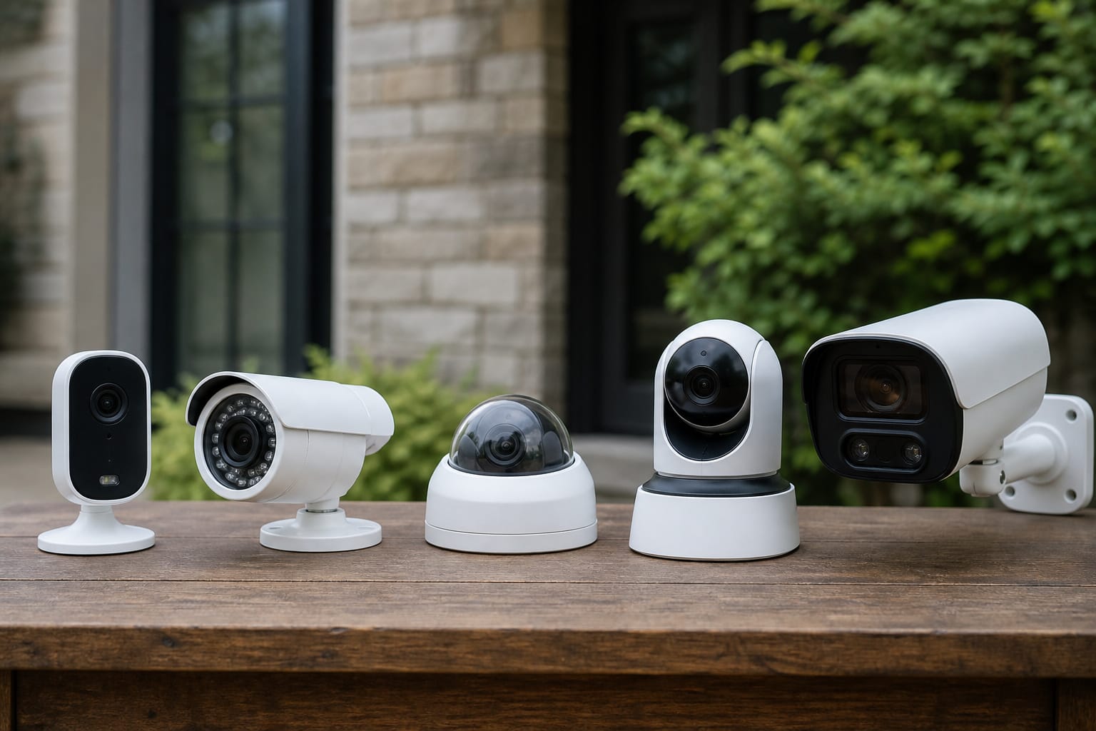 Several different outdoor security camera models displayed side by side for comparison