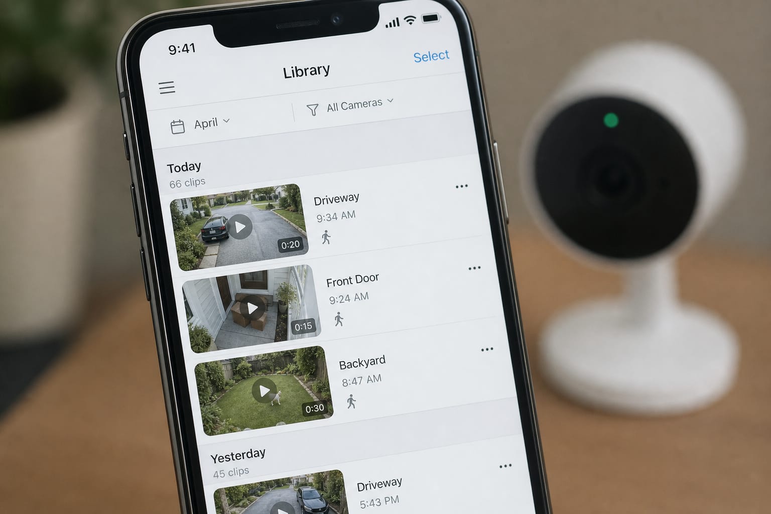 Smartphone displaying a security camera app's recorded video clip library