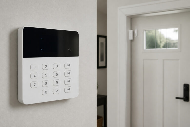 Wireless security control panel in a hallway with a door sensor behind