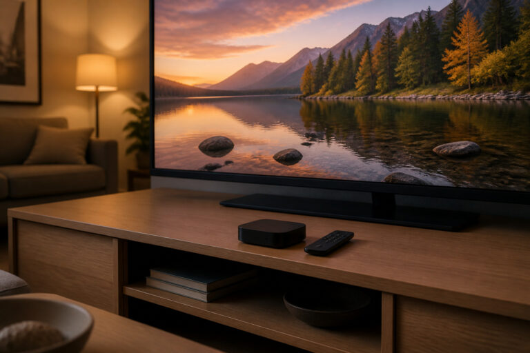 Streaming player and remote on a TV stand beneath a large TV