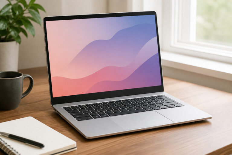 Silver 15.6-inch Chromebook open on a desk with a notebook and coffee