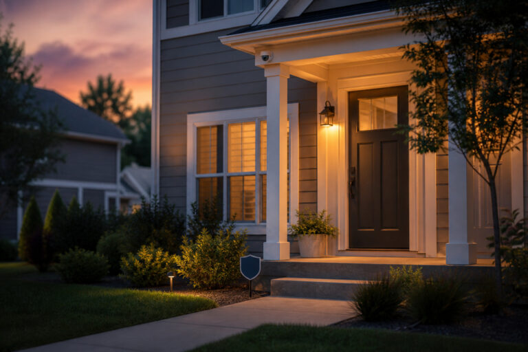 Suburban front porch at dusk with a security camera under the eave and an alarm sign by the walkway