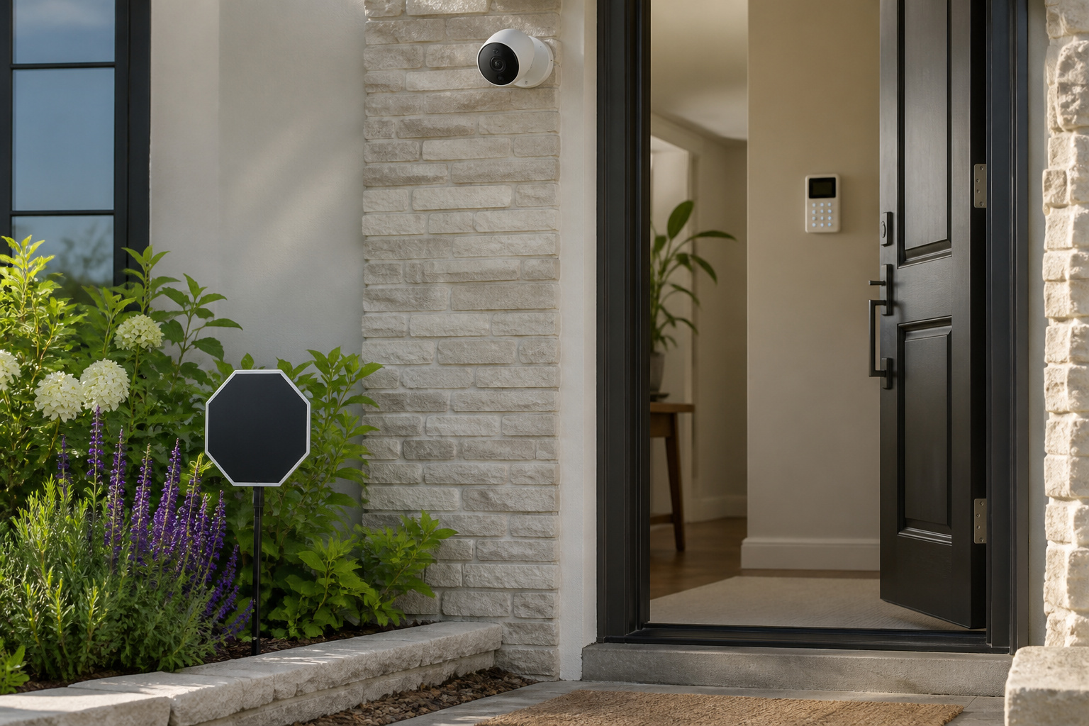 House entrance with an alarm sign, a door camera, and an indoor keypad