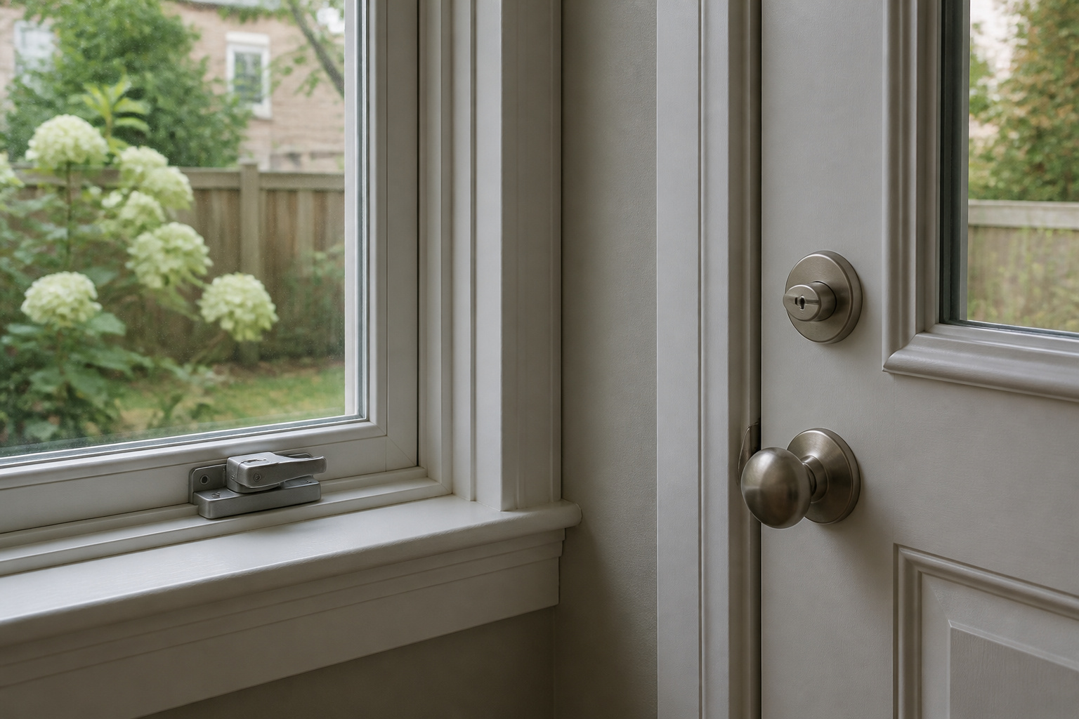 Window latch and deadbolt on a back door inside a home