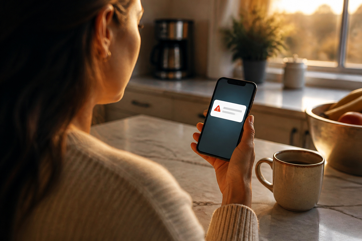 Person checking a security alert notification on a smartphone at home