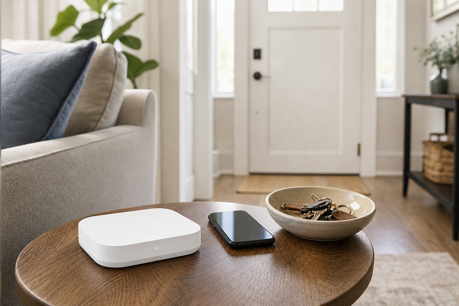 Living room with a security hub, smartphone, and keys by the front door