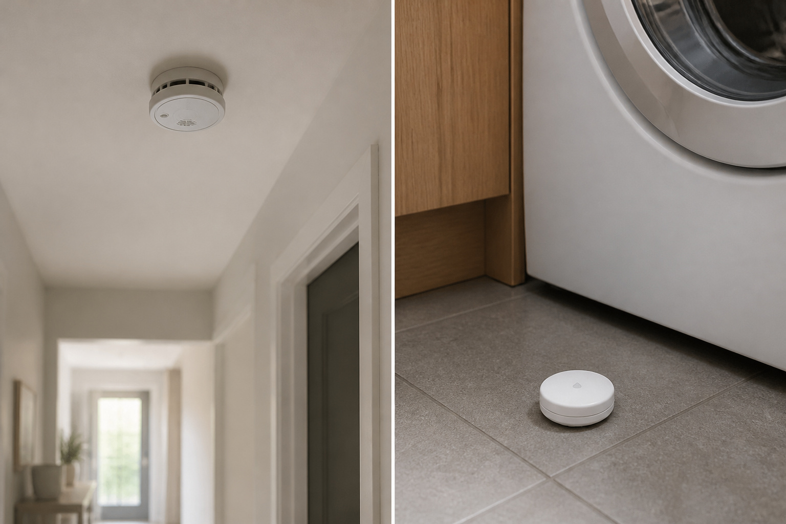 Smoke detector on a ceiling and water leak sensor near a washing machine