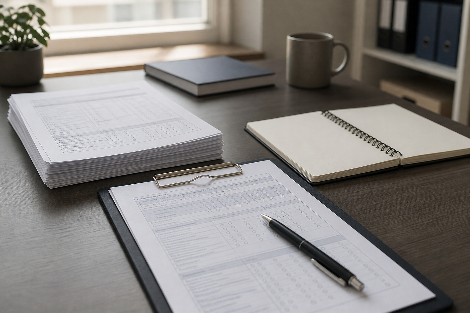 Desk with survey forms and a clipboard used for criminology research