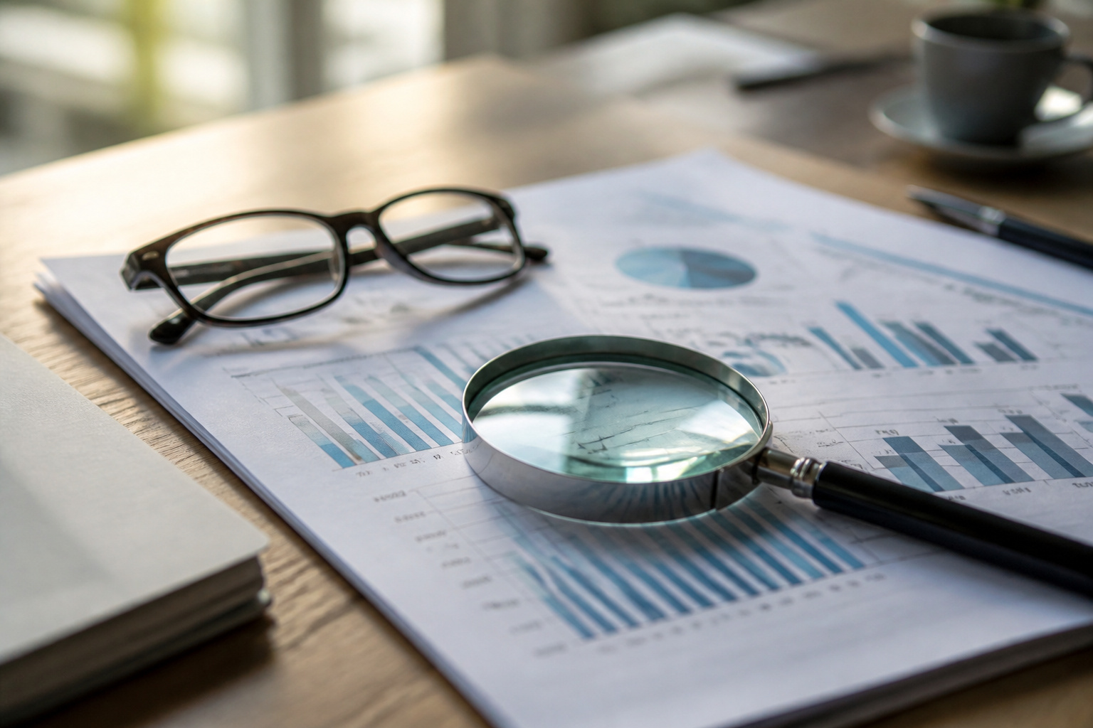 Magnifying glass on a printed research report with charts