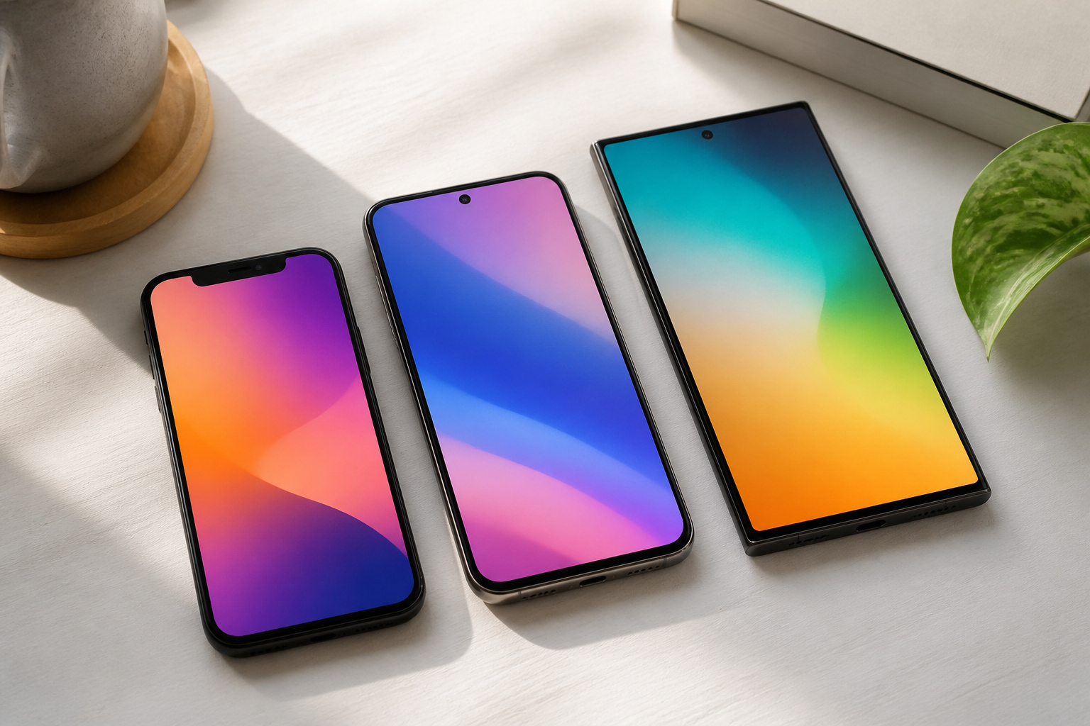 Three Android smartphones on a desk