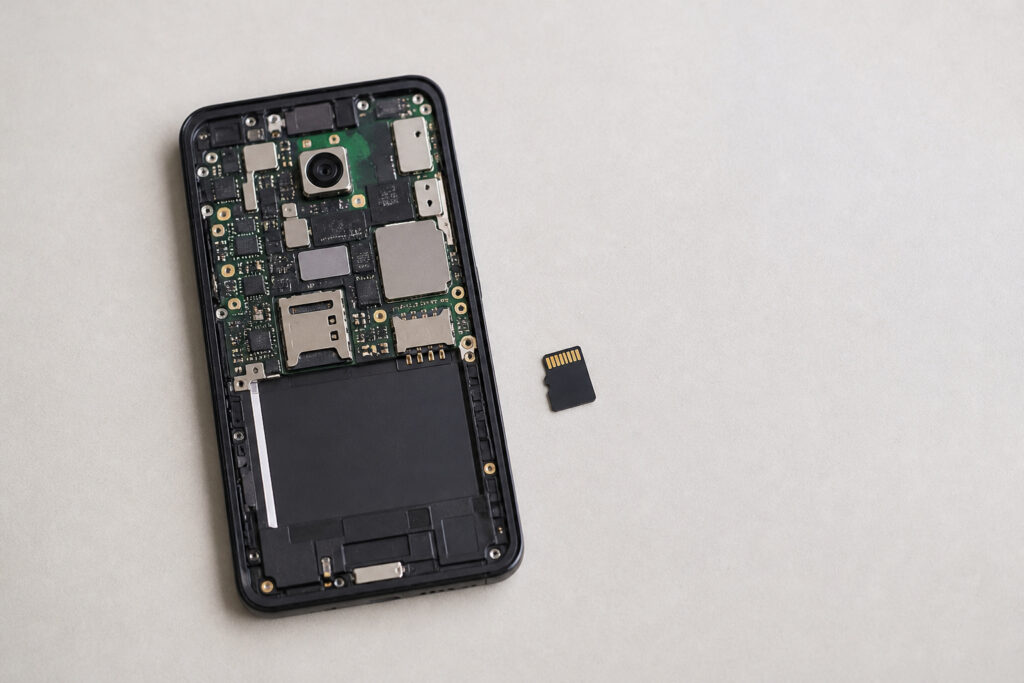 Smartphone internals with a microSD card