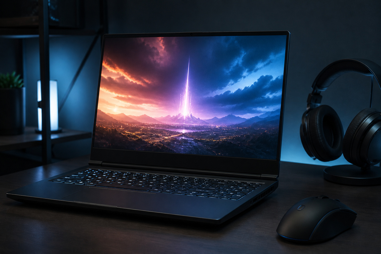Gaming laptop open on a desk with a mouse and headset