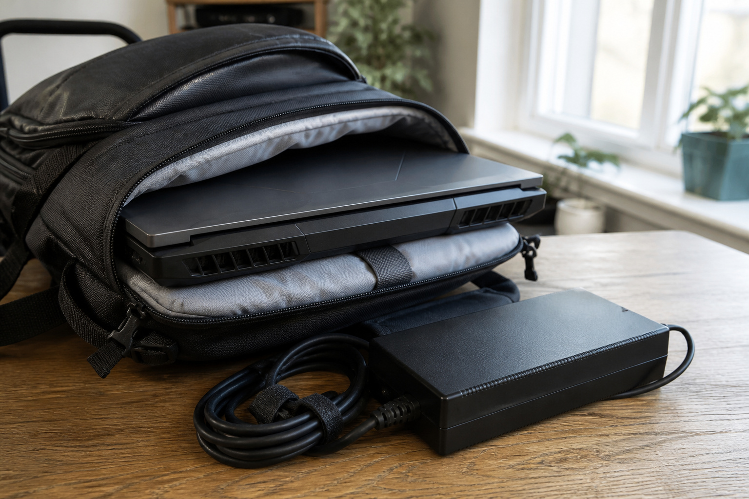 Gaming laptop and large charger packed for travel