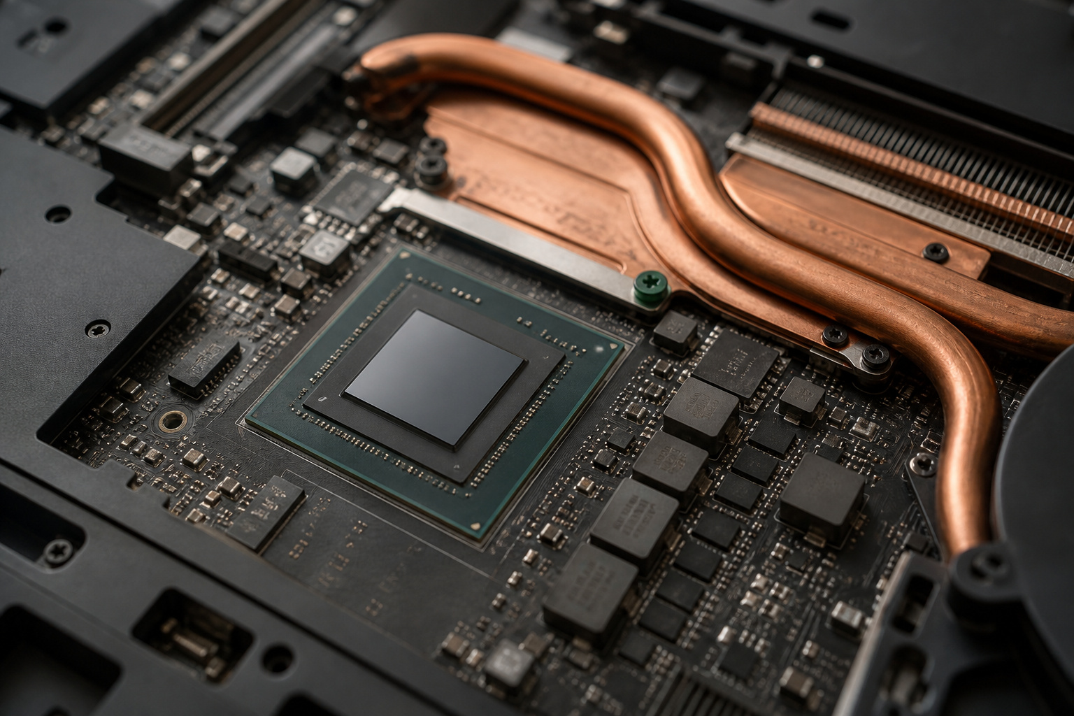 Inside of a gaming laptop showing the graphics chip and cooling