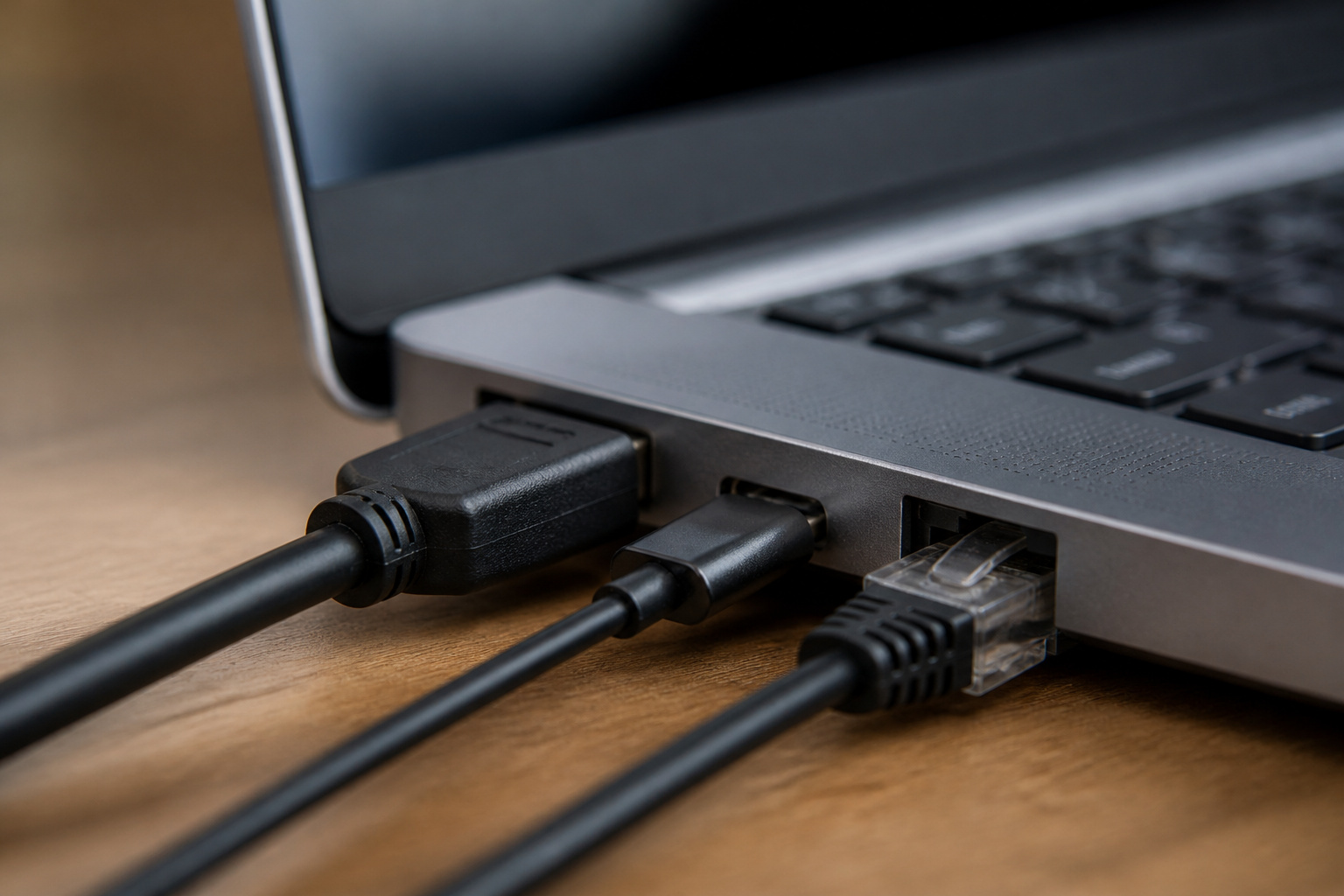 Gaming laptop ports with cables connected