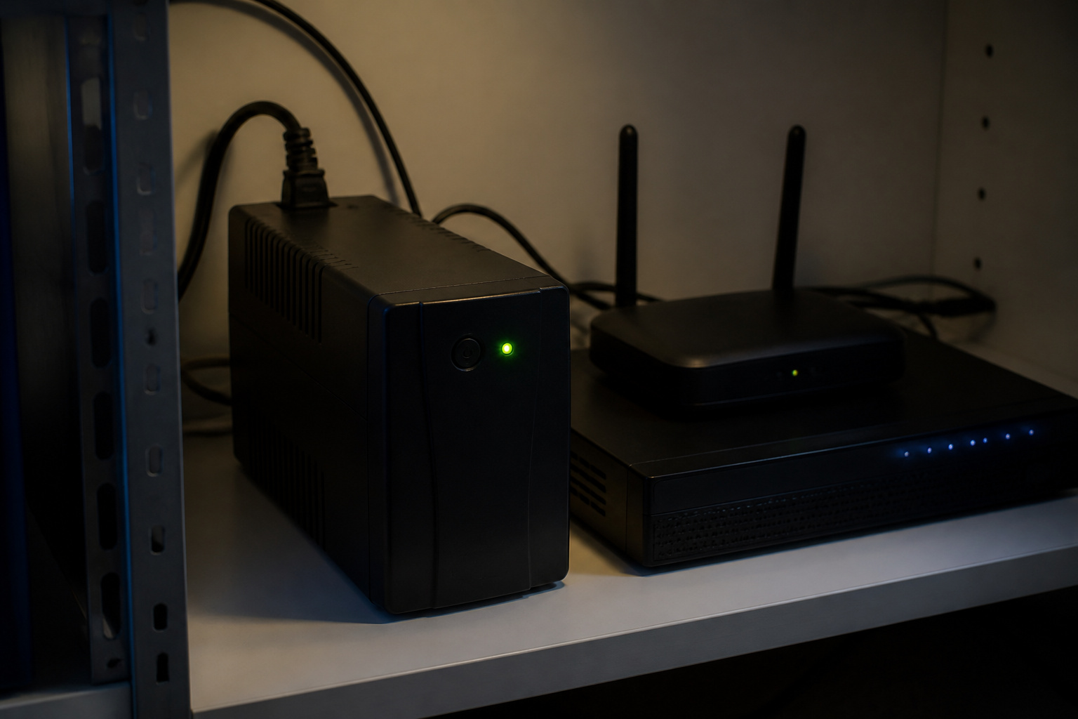 Backup power supply connected to a router and recorder