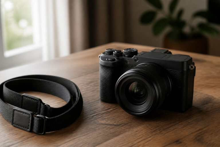 Mirrorless camera with a lens on a wooden table