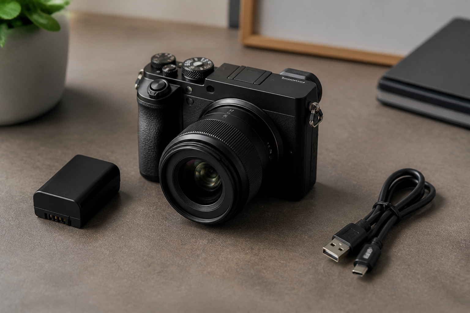 Camera with a spare battery and USB cable
