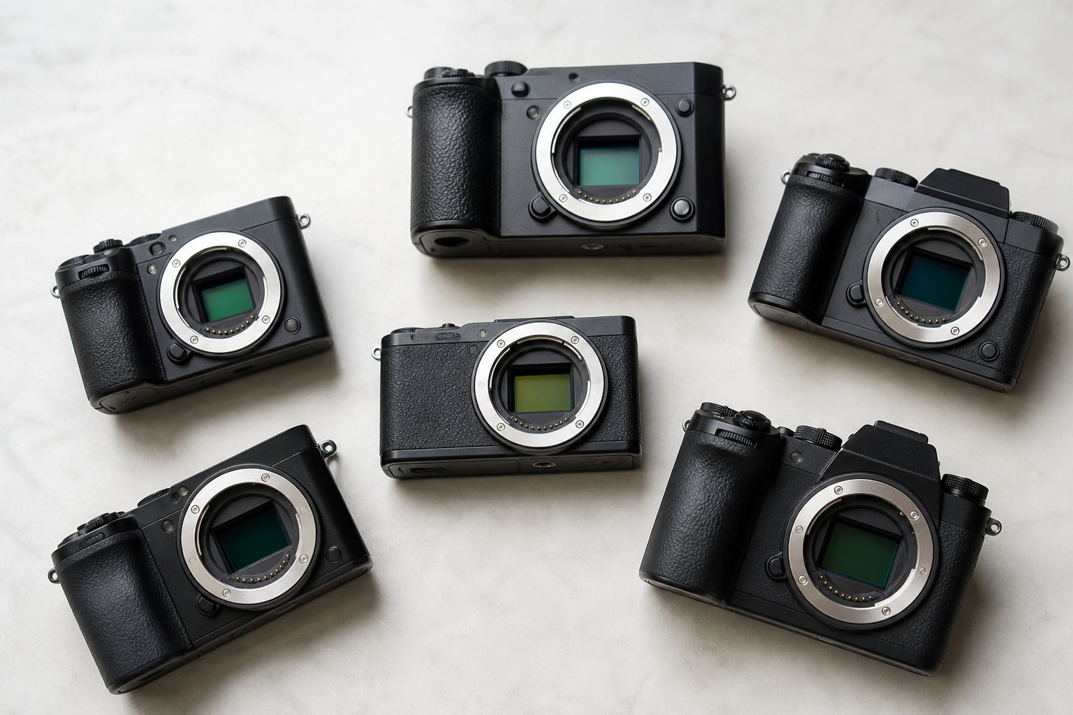Several mirrorless cameras of different sizes