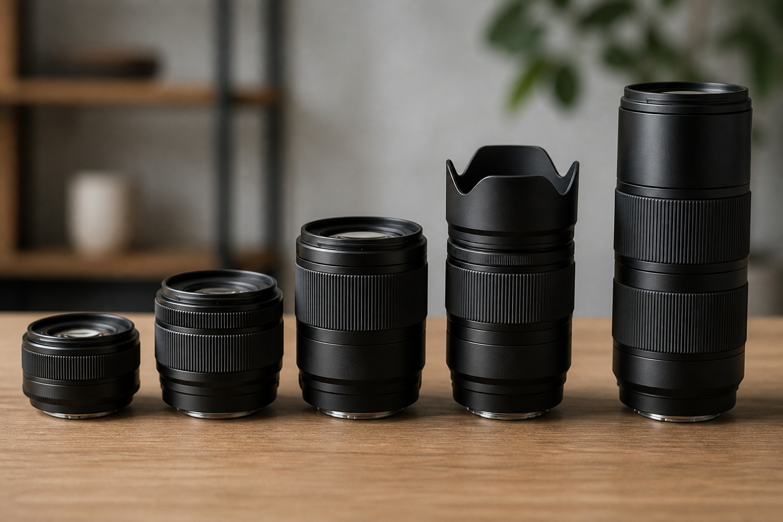 Interchangeable camera lenses lined up on a table