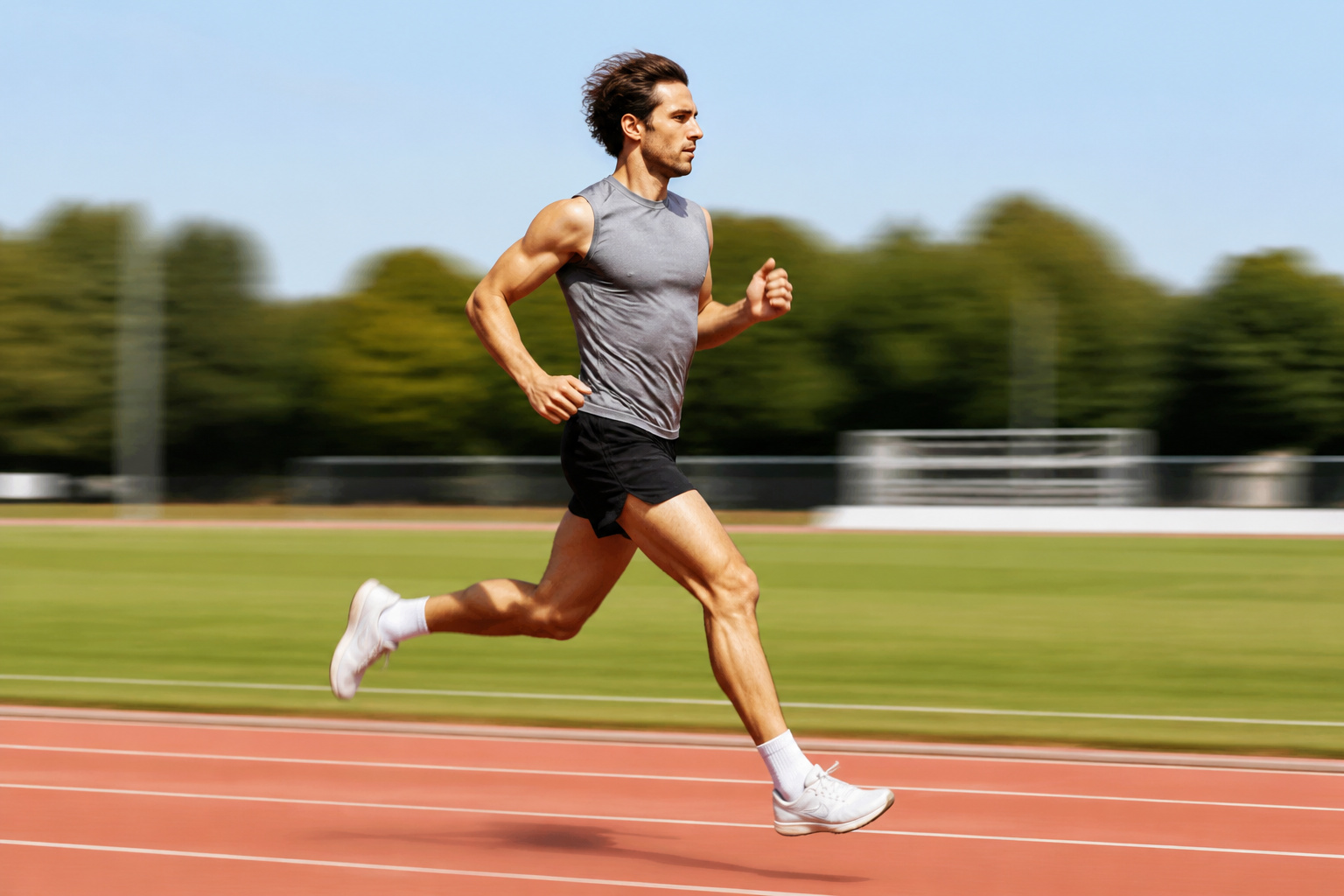 Runner captured sharply mid-stride