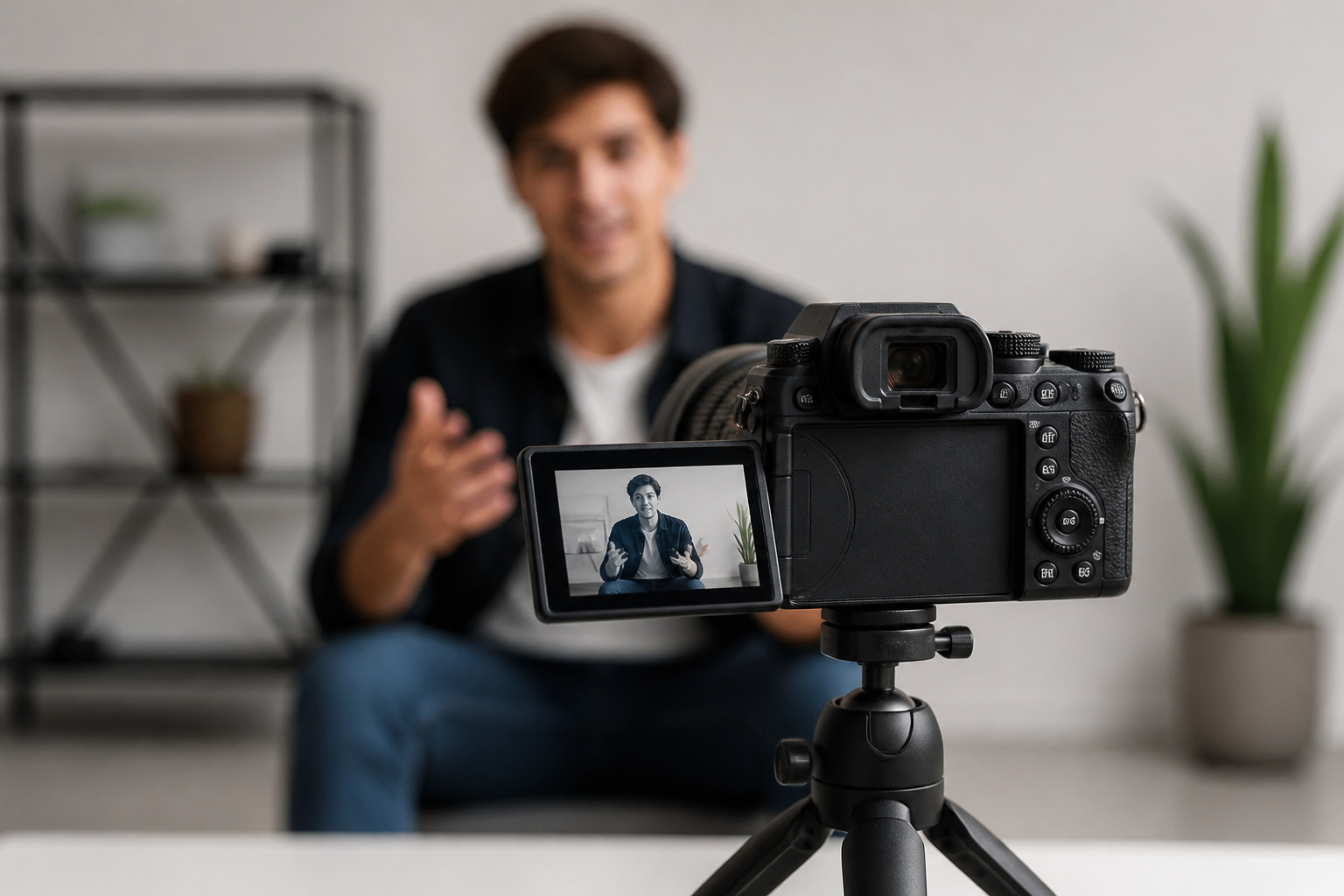 Mirrorless camera with a flip-out screen on a tripod