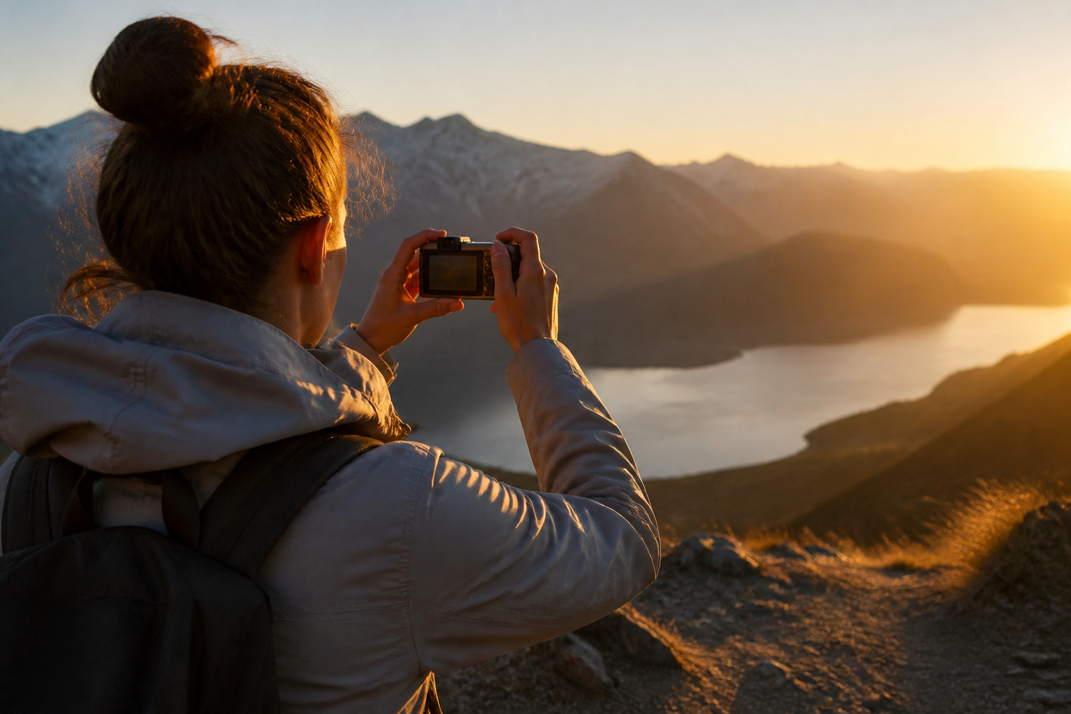 Traveler with a small camera at a scenic overlook