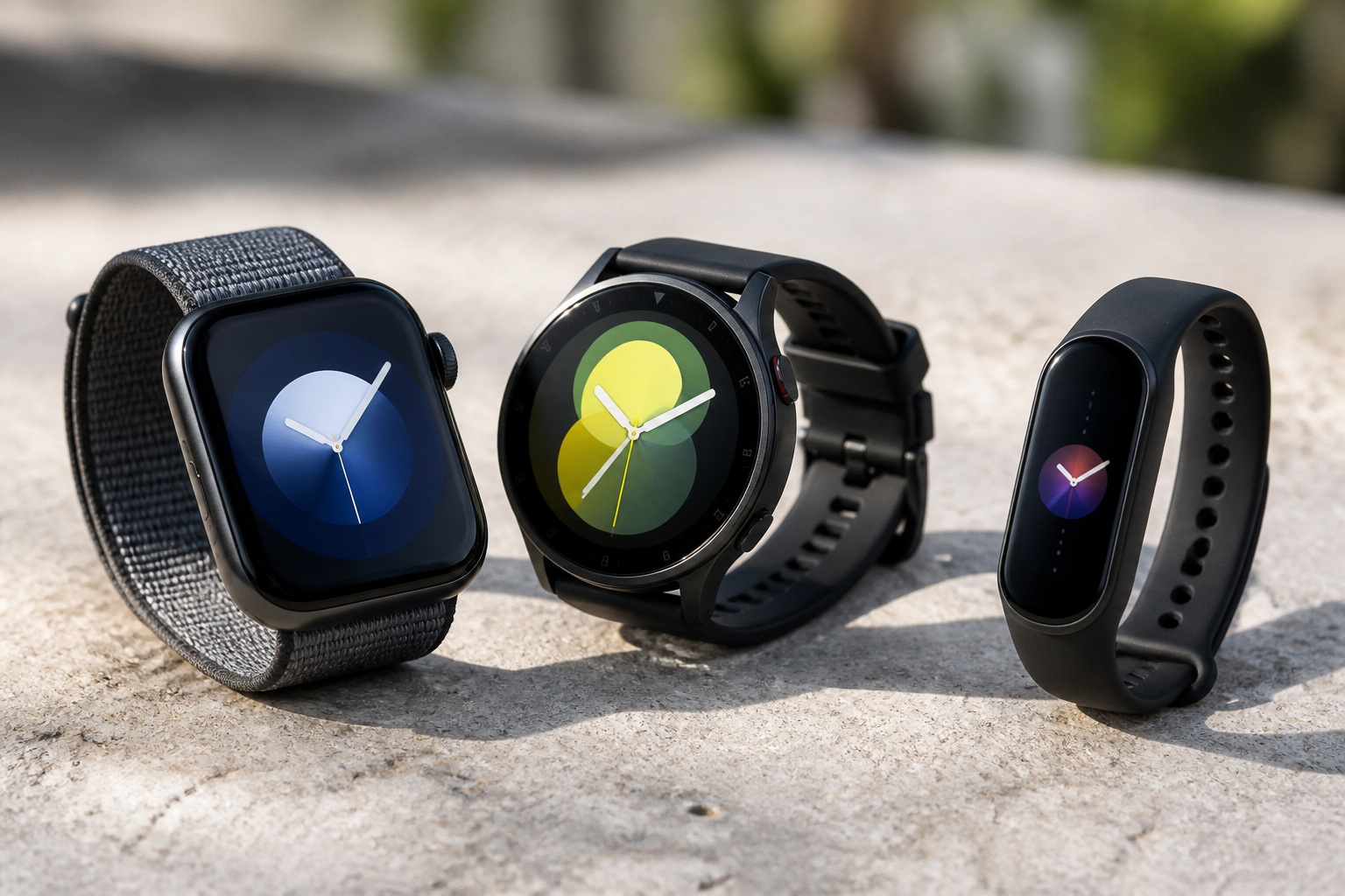 Three different smartwatches side by side on a light surface