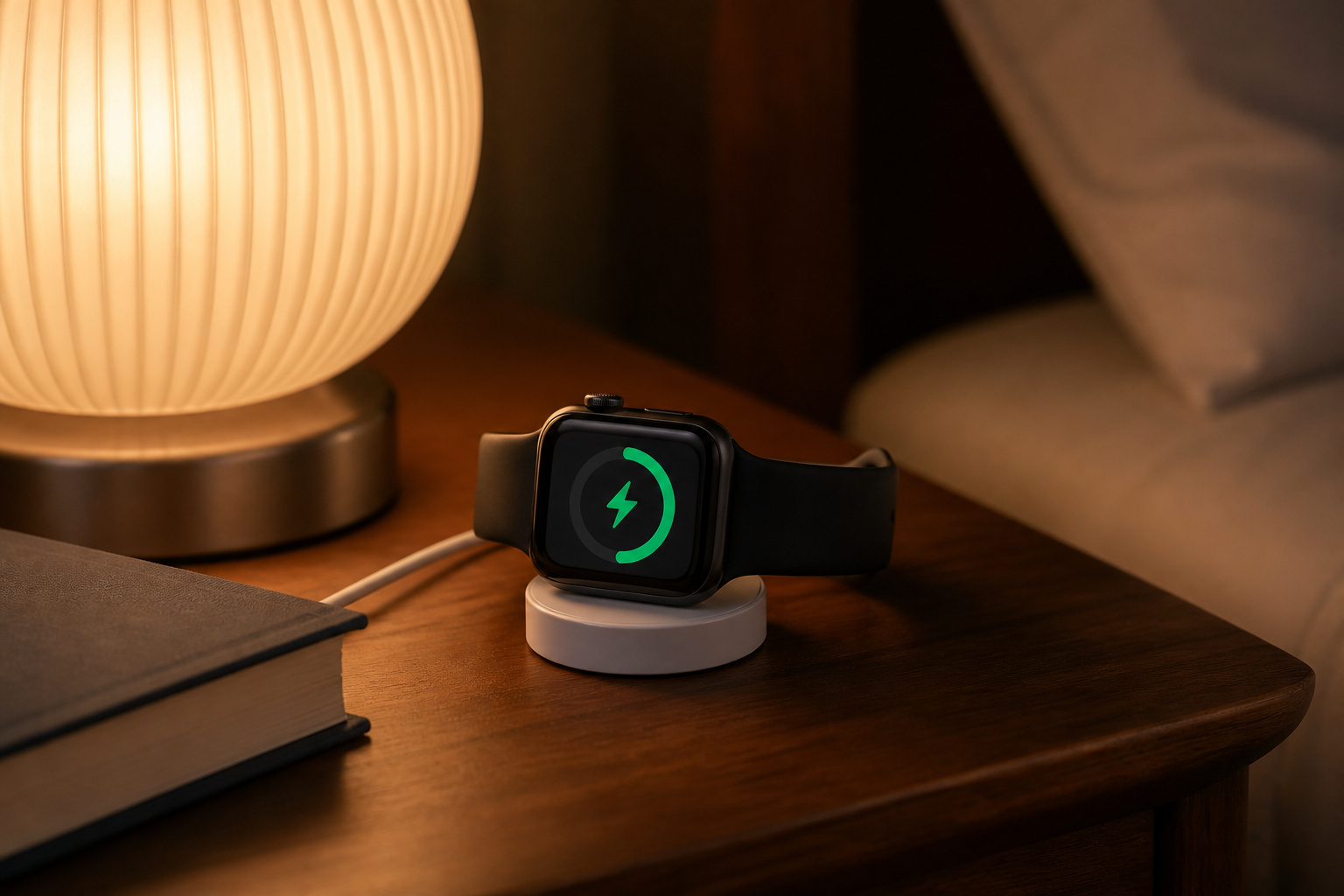 Smartwatch charging on a bedside table