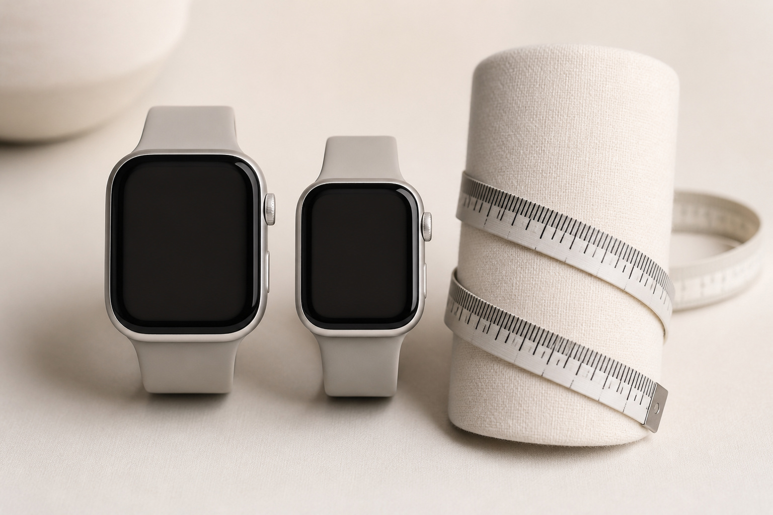 Two smartwatch case sizes next to a measuring tape
