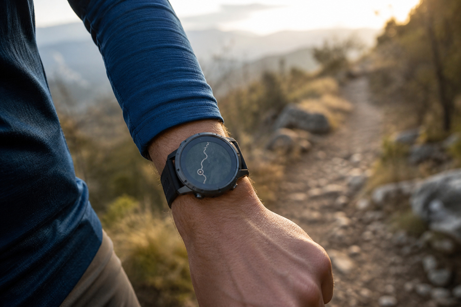Runner wearing a GPS sports watch on a trail