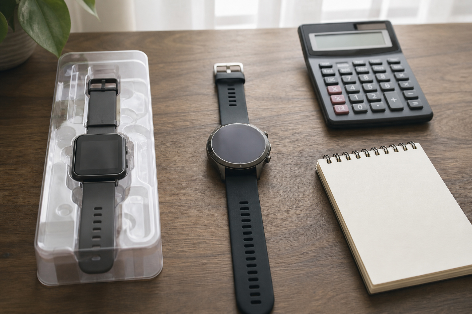 Budget smartwatch in packaging next to a premium smartwatch