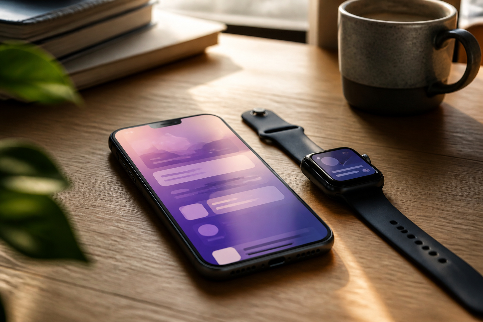 Smartphone and smartwatch side by side on a desk