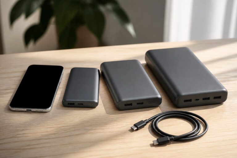 Three power banks of different sizes next to a smartphone