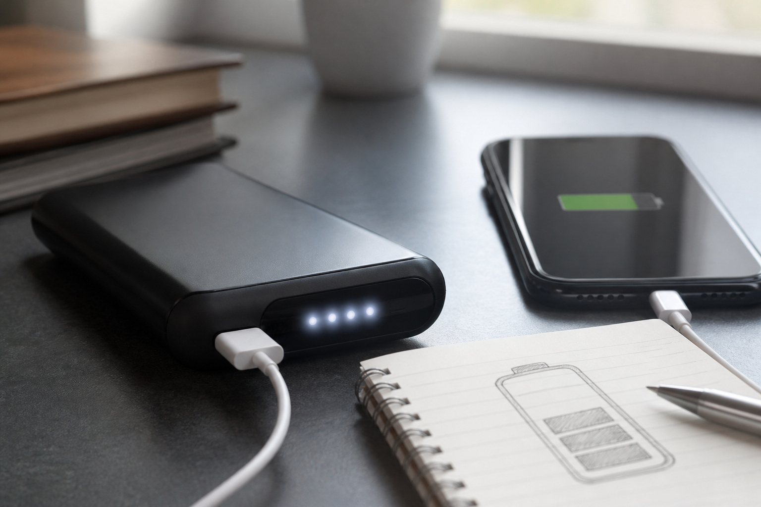 Power bank charging a smartphone on a desk