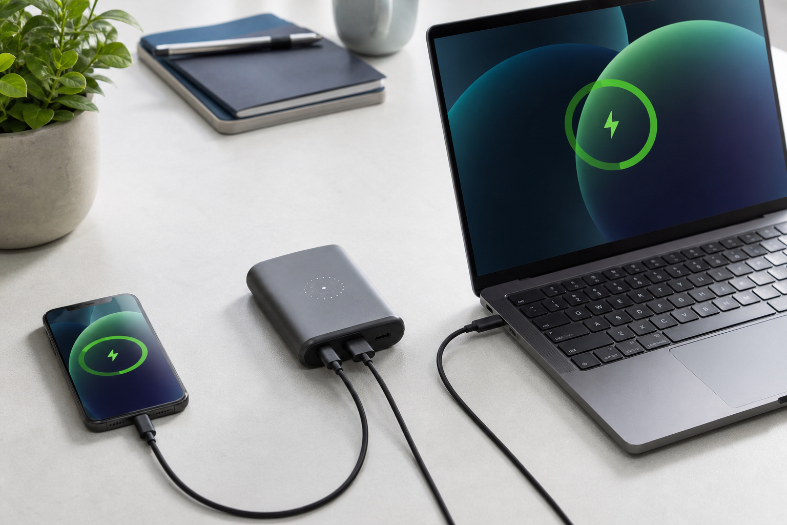 Power bank charging a laptop and phone over USB-C