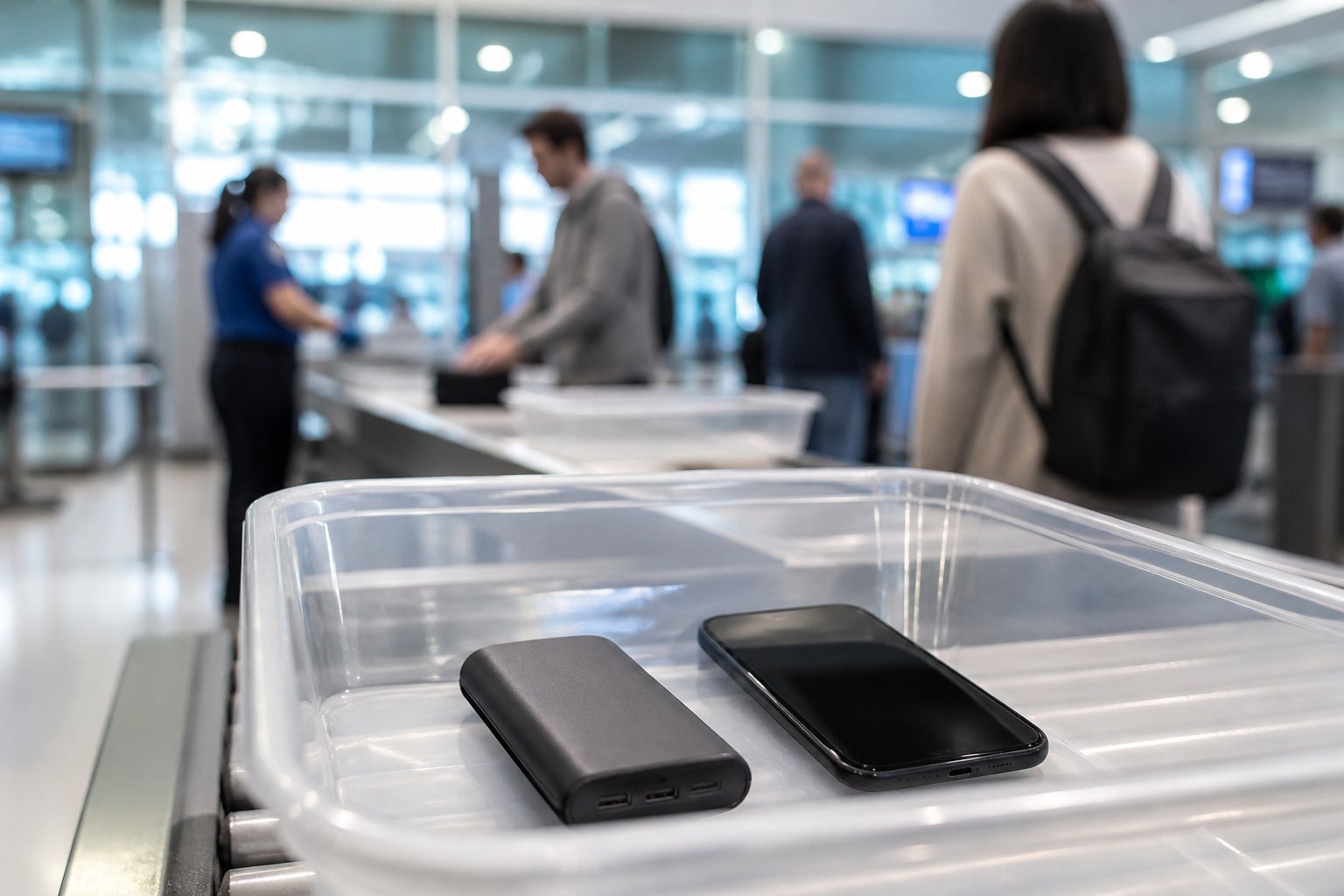 Power bank in a carry-on tray at airport security