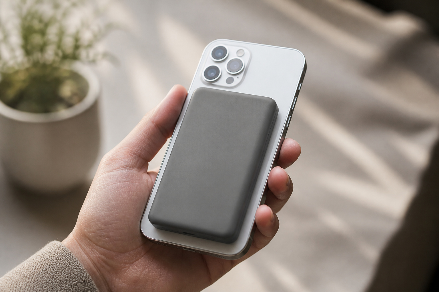 Magnetic power bank attached to the back of a phone