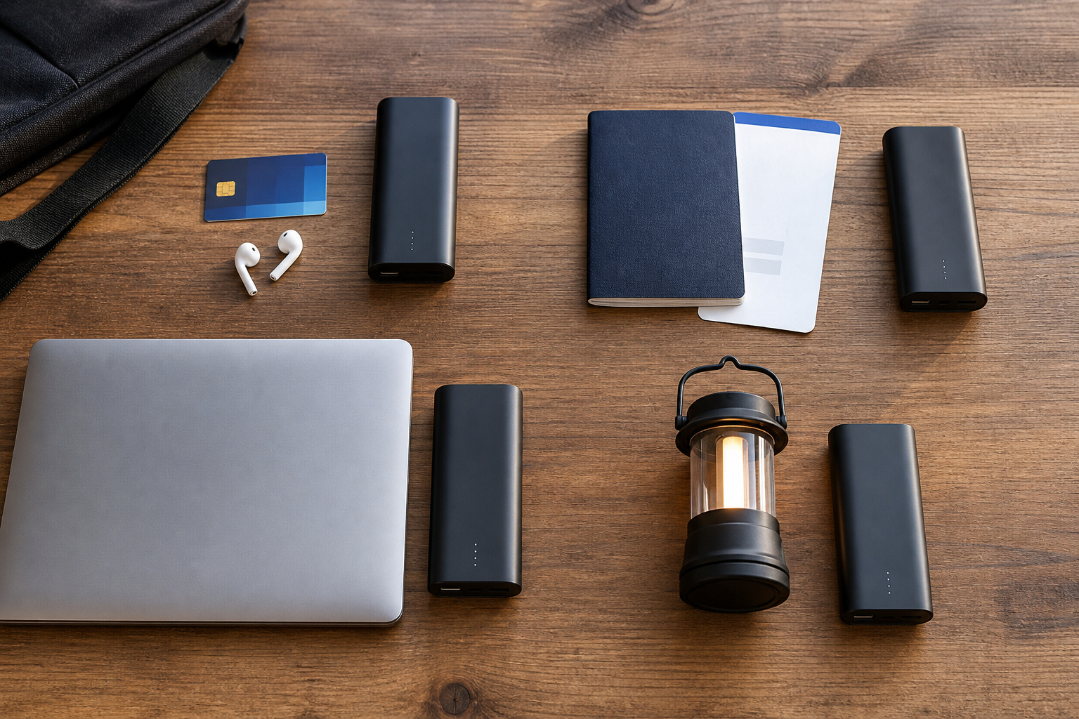 Power banks arranged for commuting, travel, laptop and camping use