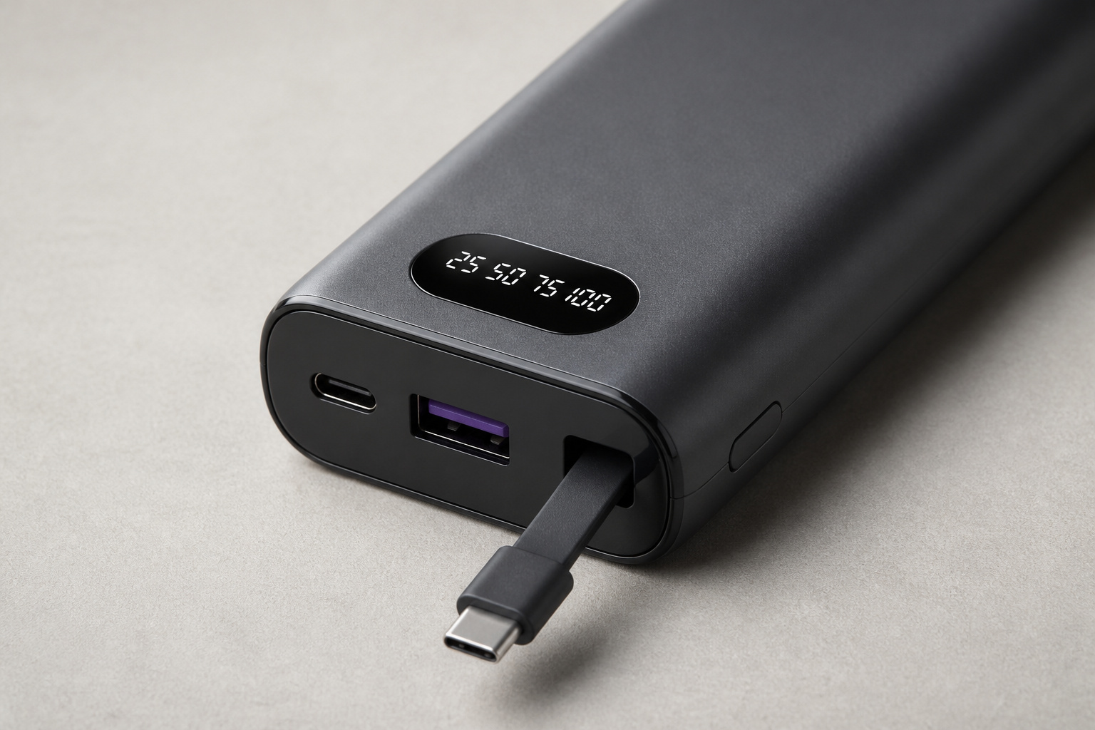 Power bank showing its ports, built-in cable and display