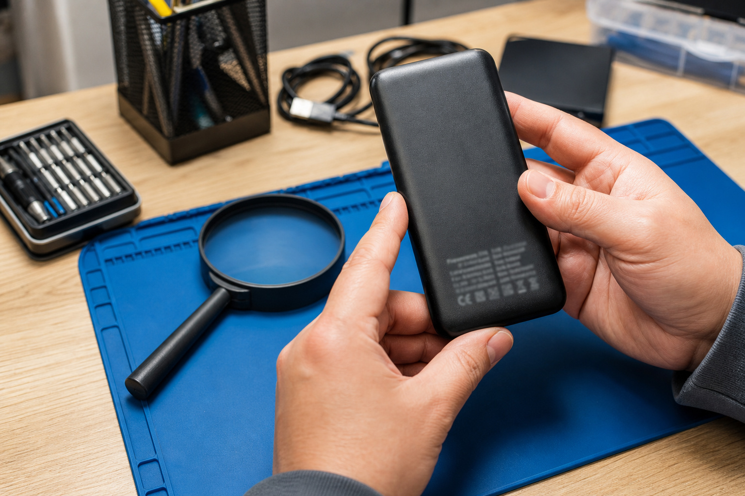 Inspecting the safety label on a power bank