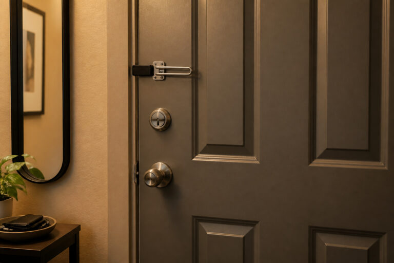 Apartment door with an added portable lock
