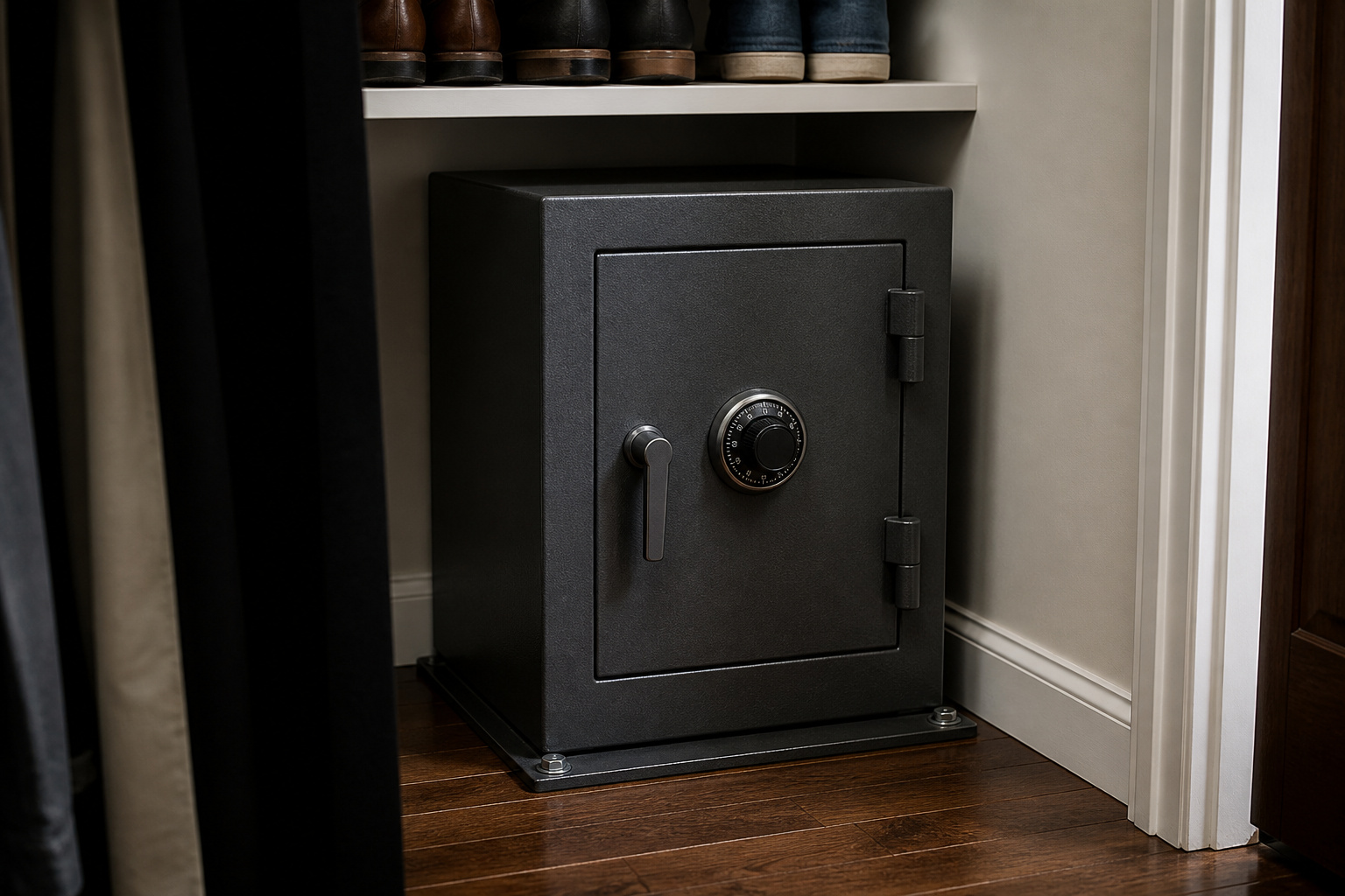 Bolt-down safe in a closet corner