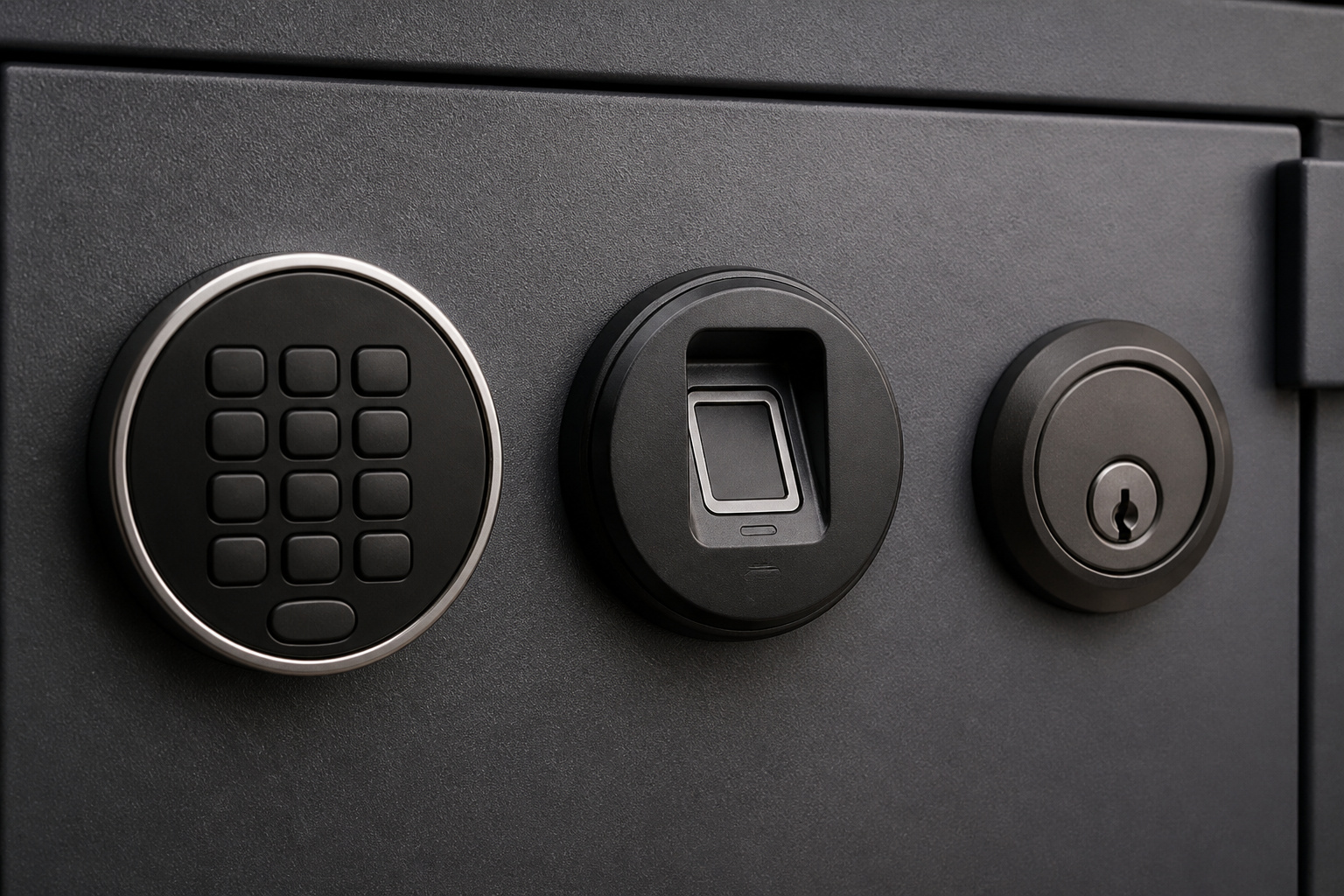Keypad, fingerprint, and key locks