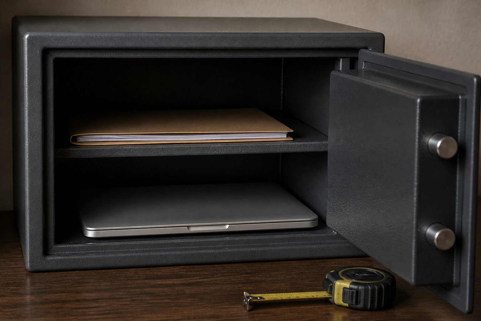 Open safe with a laptop and folder