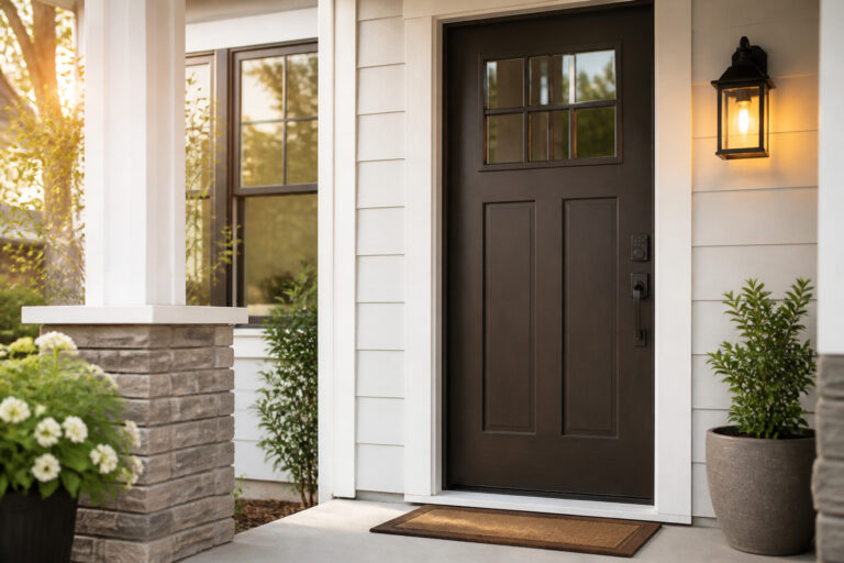 Front door with a keypad lock and porch light
