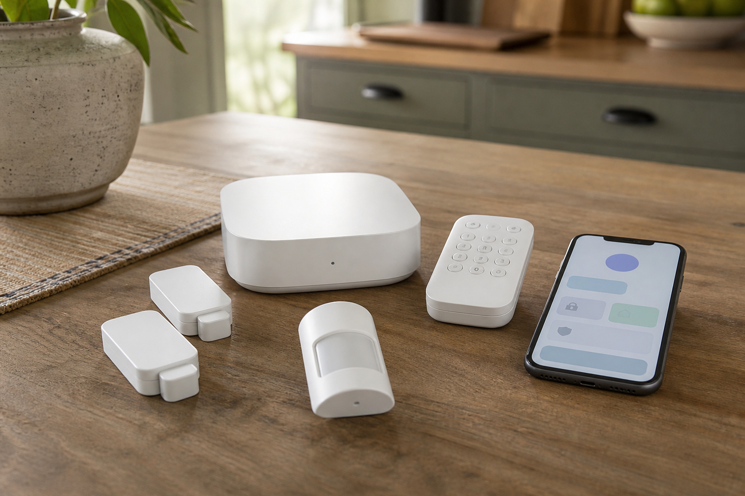 Home security starter kit components on a table